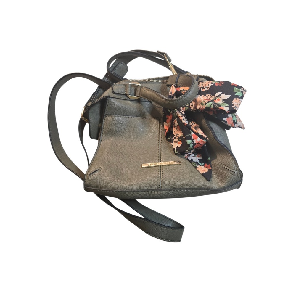 Steve Madden Olive Green Saffiano Satchel Handbag w/Floral Scarf Crossbody Trim